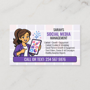 Cartão De Visita Gerente de Mídia Social Roxo QR Cartoon