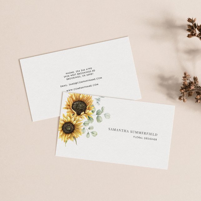 Cartão De Visita Girassol Floral Moderno Eucalyptus Greenery (Sunflower Eucalyptus Greenery Modern Business Card)