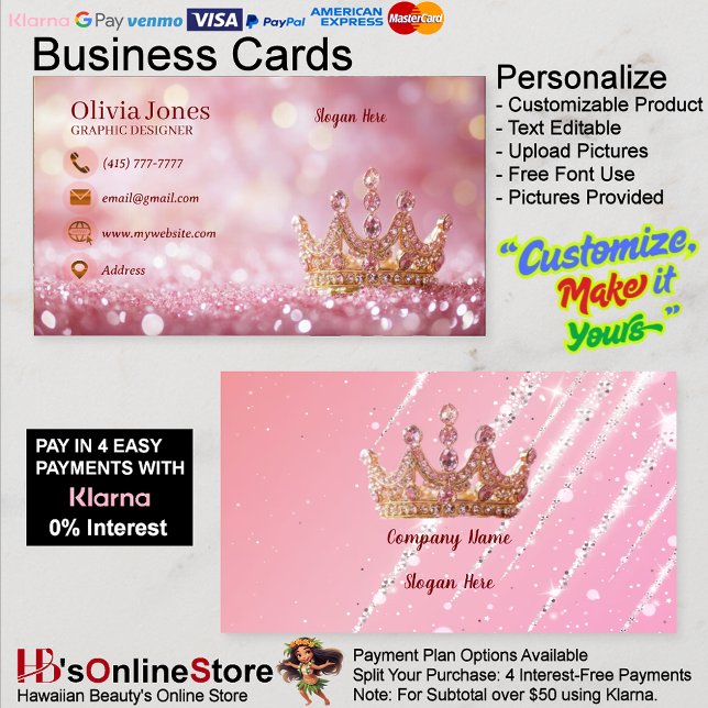 Cartão De Visita Girly Business Trendy Glitter Elegante Crown (Girly Business Trendy Glitter Elegant Crown Business Card 30.)
