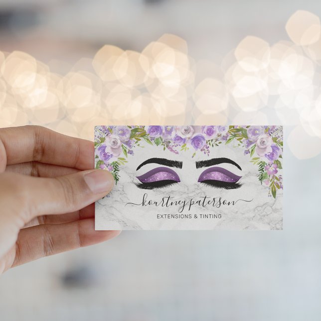 Cartão De Visita Girly Lashes Makeup Artista Purple Floral (Criador carregado)