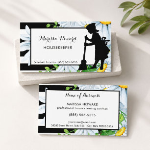 Cartão De Visita Girly Maid Stripes e Daisy Floral Housekeeper