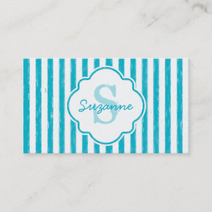 Cartão De Visita Girly Turquoise Pains Stripes Monograma e Nome