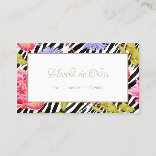Cartão De Visita Girly Zebra Imprime Pink Pink Peony Foral Beautiqu (Frente)
