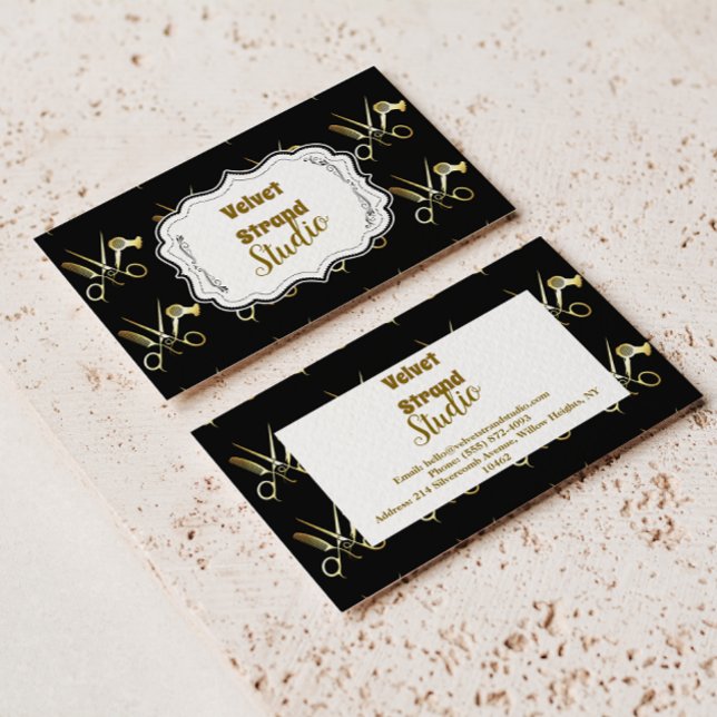 Cartão De Visita Glam Black Gold Hair Stylist Business (Criador carregado)
