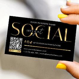 Cartão De Visita Glam Black & Gold Let's Get Social Media QR Code