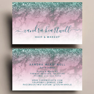 Cartão De Visita Glam Burgundy Mármore Azul Glitter Script Estilist