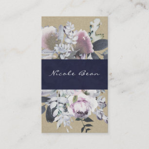 Cartão De Visita Glam Floral Rústico Kraft Navy Chic Moderno