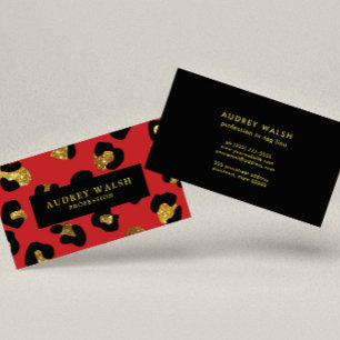 Cartão De Visita Glam Glitter Dourado Vermelho Leopardo Impressão 