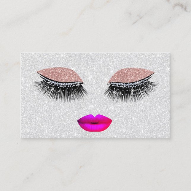 Cartão De Visita Glam Lashes Lábios Rosa Quentes Maquiçam Prata Art (Frente)