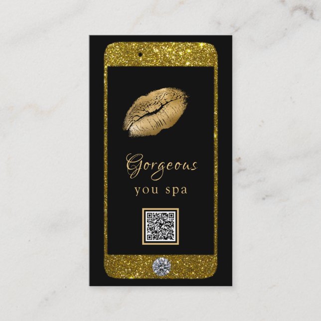 Cartão De Visita *~* Glam Luxe Cell Phone Dourado Glitor QR LOGO (Frente)
