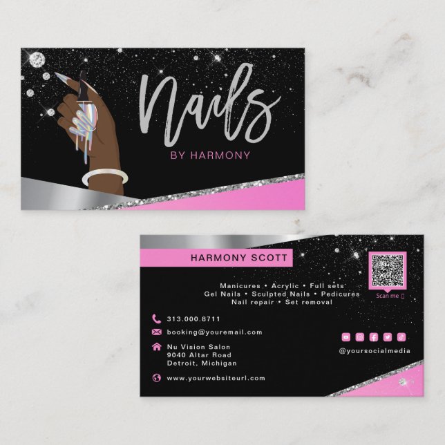 Cartão De Visita Glam Pink Silver Diamantes Nail Salon Tech Artista (Frente/Verso)