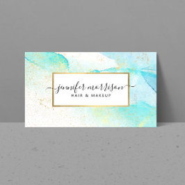 Cartão De Visita Glam Script Aqua Blue Watercolor Faux Dust Dourada