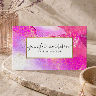 Cartão De Visita Glam Script Fuchsia Watercolor Faux Dourado Poeira