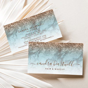 Cartão De Visita Glam Turquesa Mármore Bronze Glitter Script