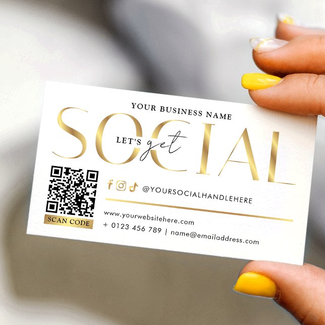 Cartão De Visita Glam White & Gold Let's Get Social Media QR Code (Gold effect scannable QR code Let's Get Social business cards - great to promote your social media)