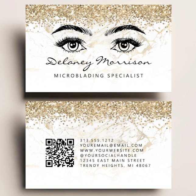 Cartão De Visita Glam White Gold Marble Eyes QR Code Microblading (Criador carregado)