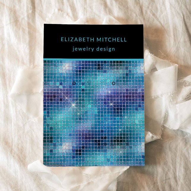 Cartão De Visita Glama de Disco Azul Retroativo | Placa de vídeo de (A glam, disco inspired earring display card in blue, turquoise, and black)