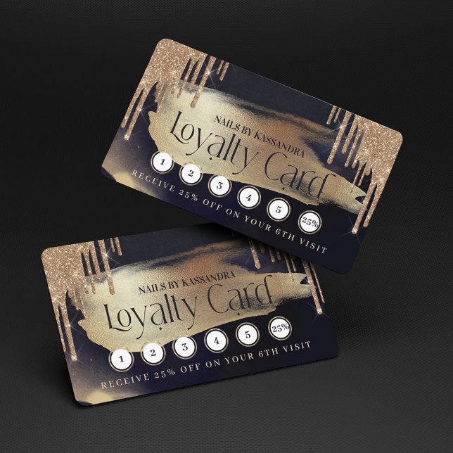 Cartão De Visita Glamorous Dourado Glitter Drip Marinho e Dourada l (Glamorous Gold Glitter Drip Navy & Gold Loyalty Business Card)