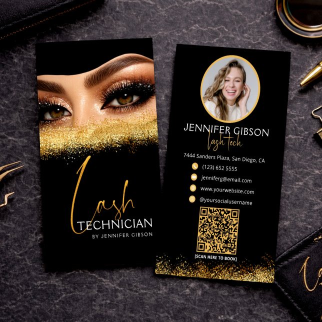 Cartão De Visita Glamorous Gold & Black Lash Tech QR Code  (Criador carregado)