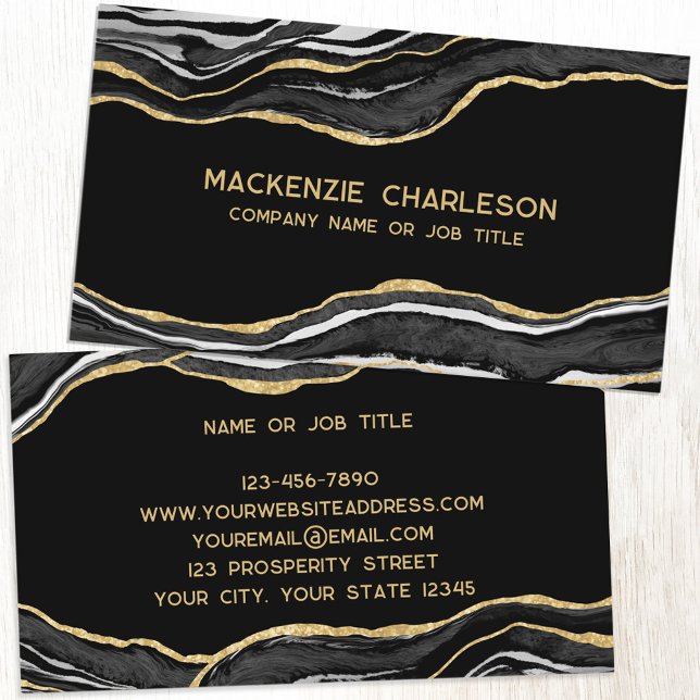 Cartão De Visita Glitor Dourado do Gato de Marble Preto (Black agate geode marble gold glitter effect business cards)