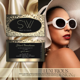 Cartão De Visita Glitor Dourado Negro de luxo com monograma