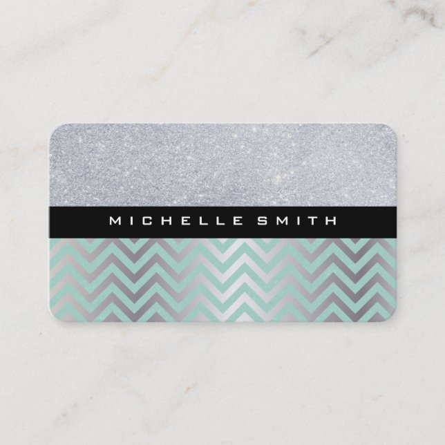 Cartão De Visita Glitter com Padrão de Chevron Silver Verde (Frente)