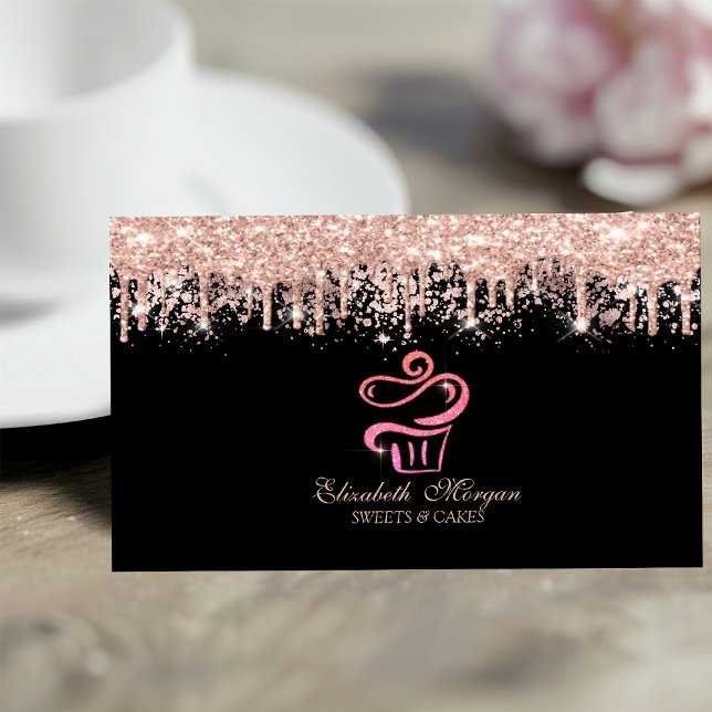 Cartão De Visita Glitter Cupcake Rose Gold Drips Bakery Black  (Criador carregado)