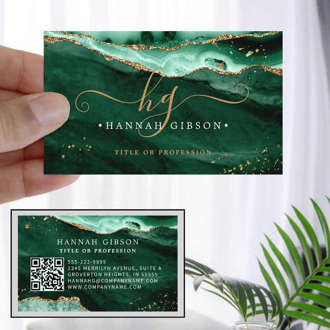 Cartão De Visita Glitter de Código QR do Monograma de Script de Aga (Criador carregado)