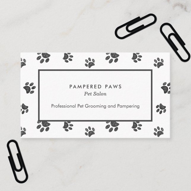 Cartão De Visita Glitter Prensas Imprime Salão de Animais de Compan (Silver Glitter Paw Prints Professional Pet Salon Business Card)