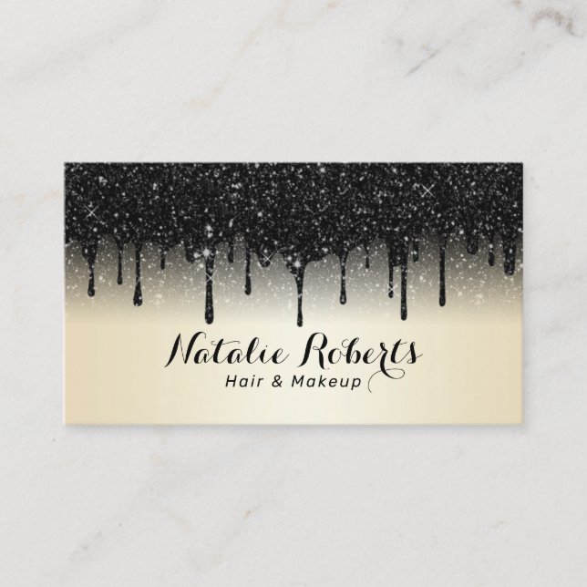 Cartão De Visita Glitter Preto Moderno Derrama Salão de Beleza Péro (Frente)