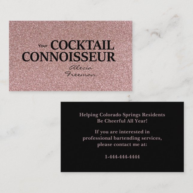 Cartão De Visita Glitter Rose Gold Bartender Event Business Card (Frente/Verso)