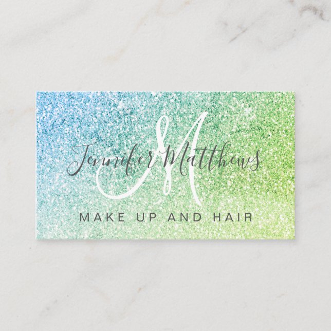 Cartão De Visita Glitter Verde Azul - Maquiagem Artista Cabelo Salã (Frente)
