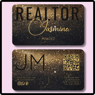 Cartão De Visita Glittery Preto Dourado Monograma Moderno QR Corret
