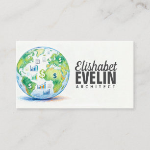 Cartão De Visita Globo Adornado com Símbolos de Moeda e Dados A34