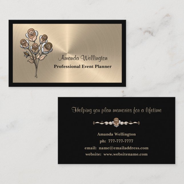 Cartão De Visita Gold and Black Floral Event Planner Business Card (Frente/Verso)