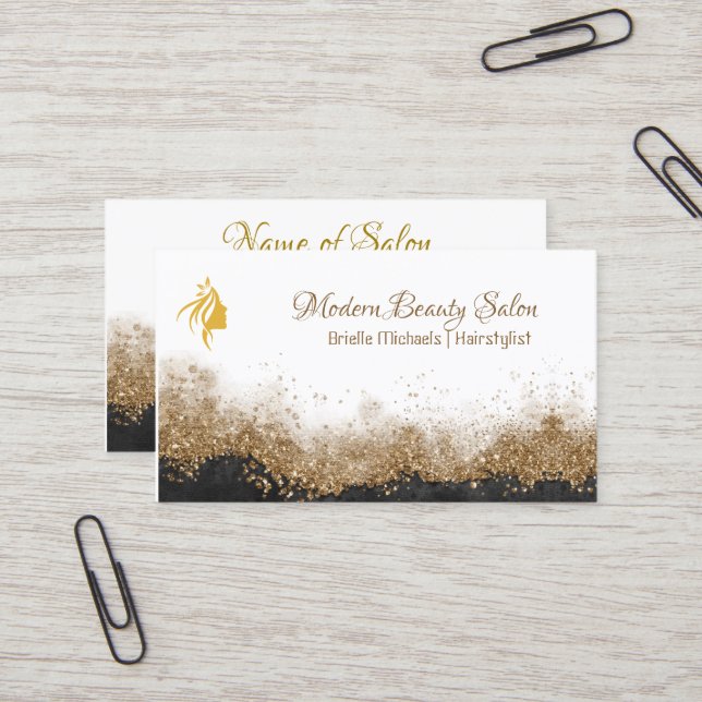 Cartão De Visita  Gold and black Hairstylist  Salon (Frente/Verso In Situ)