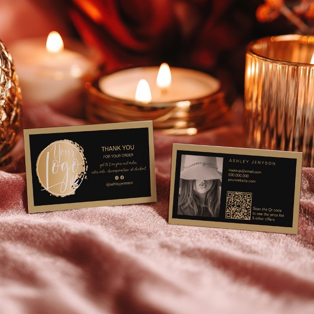Cartão De Visita Gold Black minimalist logo Qr order thank you (Gold Black minimalist logo Qr order thank you Business Card)
