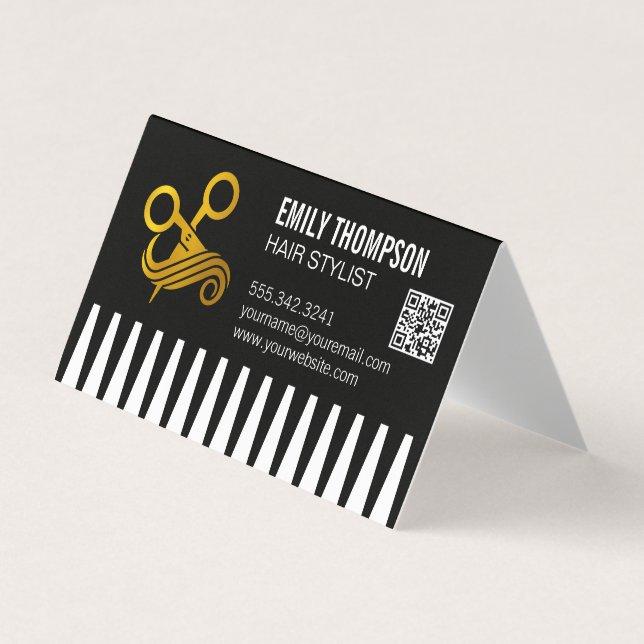 Cartão De Visita Gold Comb | Hair Stylist | QR Code (Frente)