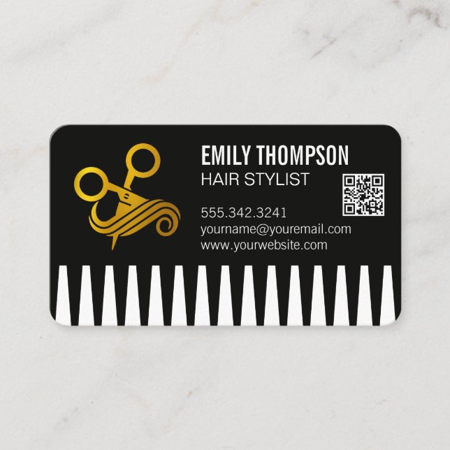 Cartão De Visita Gold Comb | Hair Stylist | QR Code (Frente)