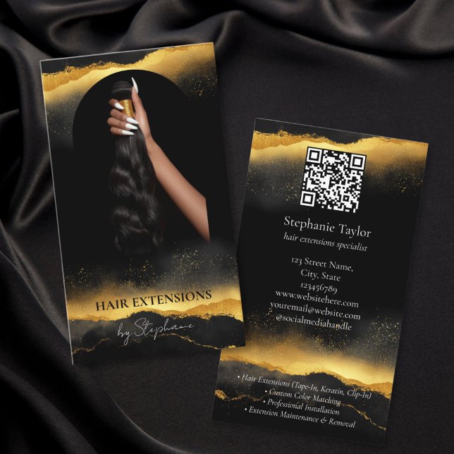 Cartão De Visita Gold Elegant Luxury Hair Extensions Stylist Photo (luxury gold hair extensions business cards with QR code)
