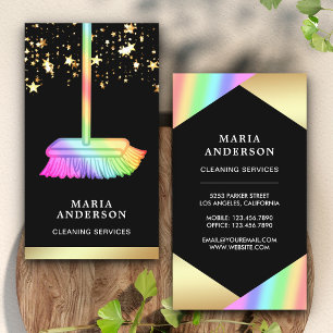 Cartão De Visita Gold Foil Confetti Rainbow Broom Clearing Services