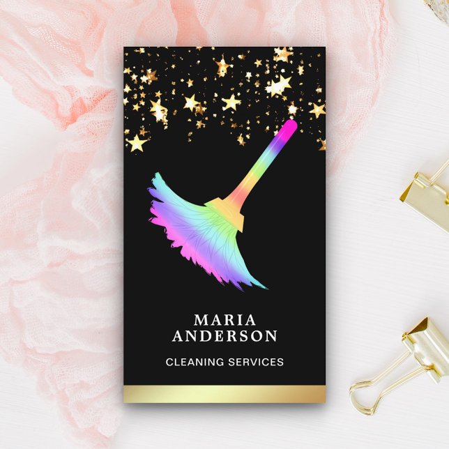 Cartão De Visita Gold Foil Confetti Serviço de Limpeza do Arco-Íris (Criador carregado)
