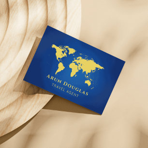 Cartão De Visita Gold Foil World Map Marinho Blue Viagem