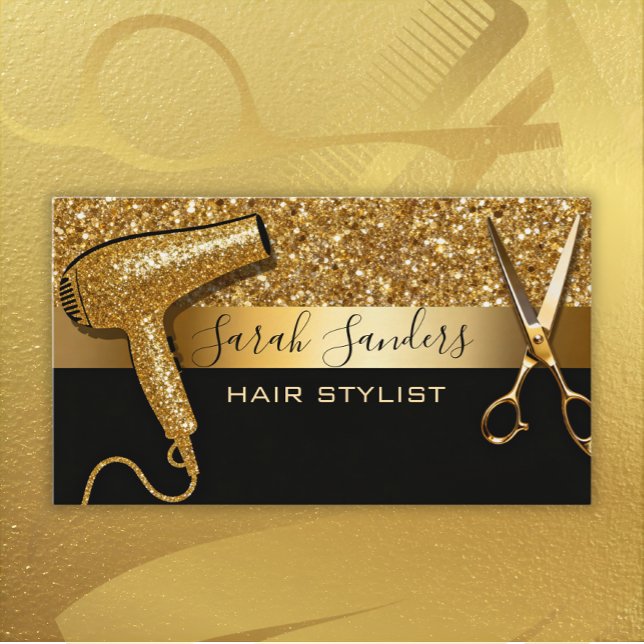 Cartão De Visita Gold Glitter & Black Glam Hair Stylist  (Criador carregado)
