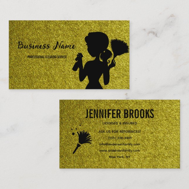 Cartão De Visita Gold Glitter Cleaning Service Housekeeper Maid (Frente/Verso)