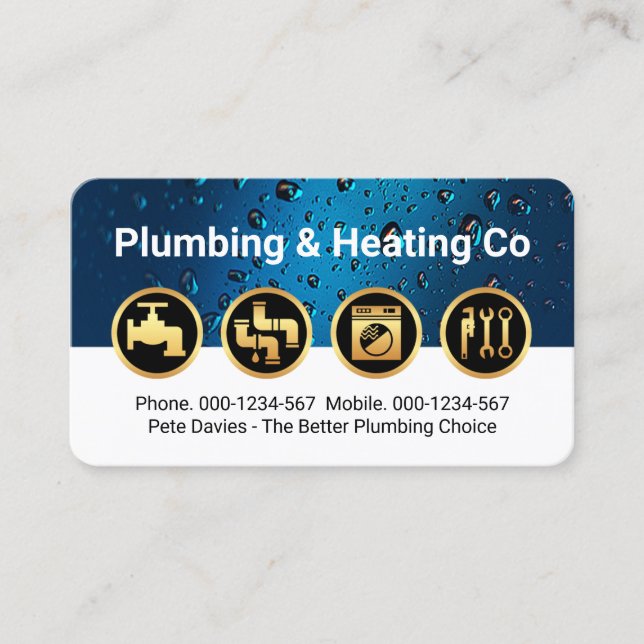 Cartão De Visita Gold Plumbing Icons on Waterdrop Layer (Frente)