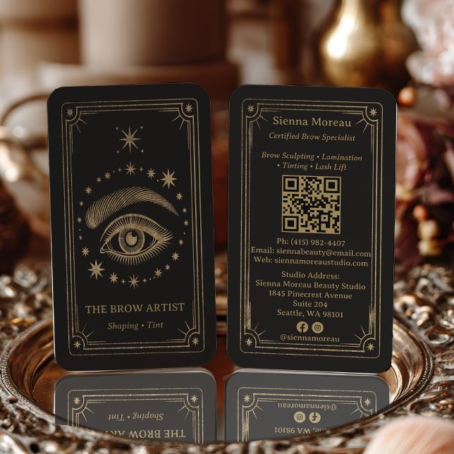 Cartão De Visita Gold Retro Celestial Tarot Brow Artist QR Code (Gold Retro Celestial Tarot Brow Artist QR Code Business Card)