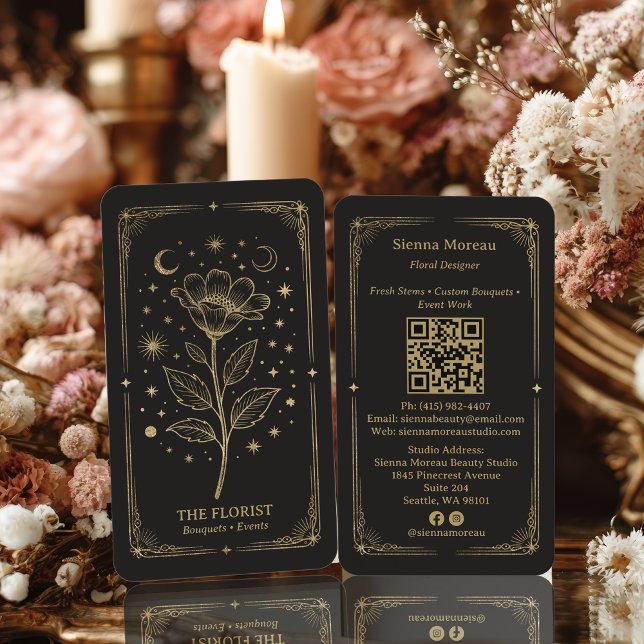 Cartão De Visita Gold Retro Celestial Tarot Florist QR Code (Gold Retro Celestial Tarot Florist QR Code Business Card)