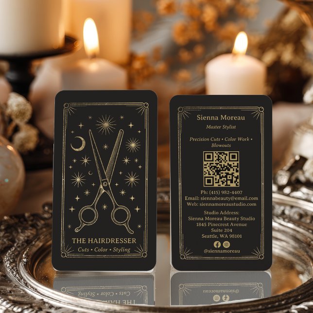 Cartão De Visita Gold Retro Celestial Tarot Hairdresser QR Code (Gold Retro Celestial Tarot Hairdresser QR Code Business Card)