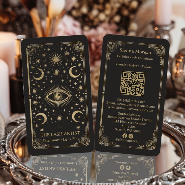 Cartão De Visita Gold Retro Celestial Tarot Lash Artist QR Code (Gold Retro Celestial Tarot Lash Artist QR Code Business Card)